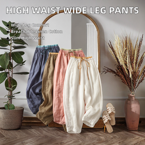 Boutique Wholesale <b>Summer</b> New Fashionable Loose and Slimming Casual Breathable Canvas Nonwoven High Waist Wide Leg Women's <b>Pants</b> - Product Image 2