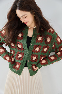 Vente en gros de chandails à manches longues assortis de couleurs Vintage paresseux en <span class=keywords><strong>maille</strong></span> patchwork tricotés au crochet <span class=keywords><strong>Cardigan</strong></span> pour femmes - Product Image 2