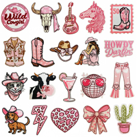 Patch Bordir Tempel Setrika Warna Pink Howdy Cowgirl Boots Horseshoe Kuda Anjing Sapi untuk Dekorasi Pakaian Topi Tas