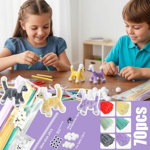 Kit de Manualidades de Chenilla de 70 Piezas, 6 Colores, Serie de Animales Adorables, Poodle, Poliéster Moderno, para Educación, Fiestas, Cumpleaños, Días Festivos - Product Image 4