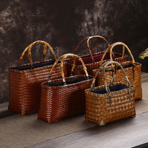 Bamboo Woven <b>Handbag</b> Women's <b>Small</b> Bag Retro Style Velvet Lining Durable Commuter Bag - Product Image 3
