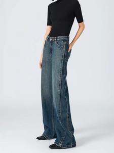 OEM loed High Rise <span class=keywords><strong>larghi</strong></span> <span class=keywords><strong>Jeans</strong></span> <span class=keywords><strong>larghi</strong></span> da mamma da donna blu scuro con bottone con rivetto ricamato lungo drappeggio Casual in vita da lavare con scimmia - Product Image 2