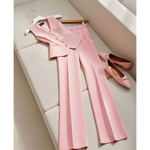 Abito <span class=keywords><strong>rosa</strong></span> alla moda da donna <span class=keywords><strong>pantaloni</strong></span> stile coreano ispirati al gilet di fascia alta con vestibilità ampia a modello solido - Product Image 1