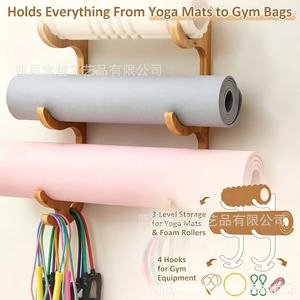 Wall Mounted Wooden Yoga Mat Rack 60x25x1.5cm 3 Tier Storage For Home Gym With <b>Hooks</b> For Straps Towels - Product Image 2