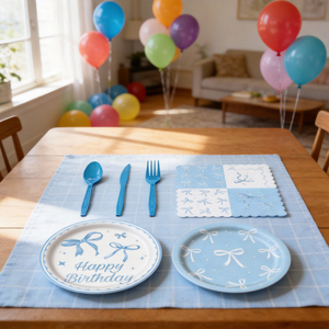 640419 Kit per Festa <span class=keywords><strong>di</strong></span> <span class=keywords><strong>Compleanno</strong></span> Azzurro: Elegante Set <span class=keywords><strong>di</strong></span> Stoviglie a Tema Fiocco per Baby Shower o Compleanni - Product Image 2