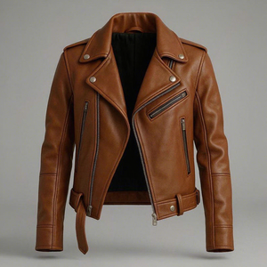Men's Brown Genuine Leather Moto <b>Jacket</b> Turn-down Collar Zipper Closure Slim Fit Short Length Solid Color Autumn Style - Product Image 2