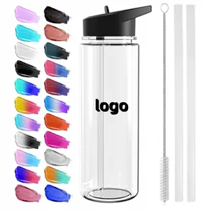 Affare all'ingrosso personalizzato bottiglia d'acqua sportiva in plastica trasparente da 700 ml senza BPA con logo personalizzato con coperchio in paglia