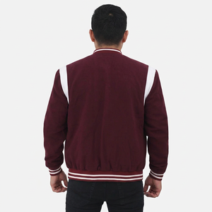 Men's Maroon Varsity Jacket White Stripes Regular Fit Mandarin Collar <b>Covered</b> <b>Button</b> Closure High Street Style Winter Wear - Product Image 1