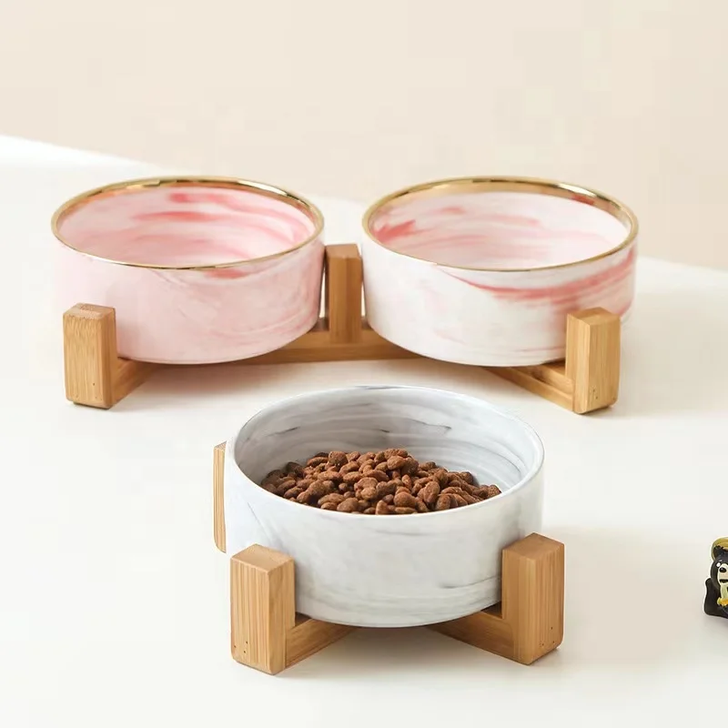 Customized Round Pet Bowls Matted Ceramic Dog Bowls With Wooden Stand For Dogs Cats