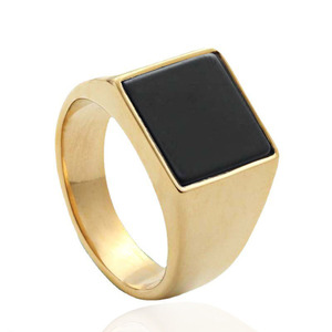 Men's Stainless Steel Square <b>Ring</b> Black Inlay Geometric Design Gold Tone Jewelry Gift - Product Image 1