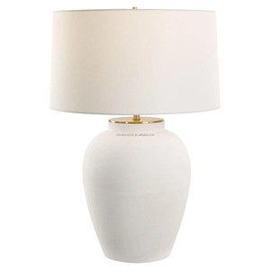 White Ceramic Jar & Brass Base Modern Classic Table Lamp | Timeless Neutral <b>Lighting</b> for Hotel <b>Lounge</b> & Feature Space - Product Image 1