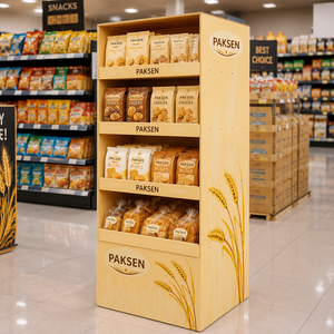 Expositor de suelo de cartón corrugado para galletas de panadería, con impresión de veta de madera para repostería, estante de promoción minorista para supermercados - Product Image 3