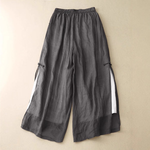 <span class=keywords><strong>Pantaloni</strong></span> Larghi Estivi da Donna in <span class=keywords><strong>Lino</strong></span> e Cotone a Vita Alta, Tinta Unita, Lunghi, Stile Retrò con Fibbia, Eleganti, con Doppio Spacco, Casual - Product Image 3
