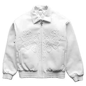 OEM Custom Fashion High Quality Motorcycle <strong>Jacket</strong> for <strong>Men</strong> <strong>Men's</strong> <strong>White</strong> Embossed Zip up Leather Varisty <strong>Jacket</strong> - Product Image 1