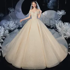 JM010 robe de mariée française à épaule dénudée, un mot, taille haute, Champagne, grand Train, robe de bal, 2023