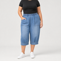 Pantalon Capri en jean bleu clair pour femme grande taille, taille élastique, ourlet retroussé, coupe ample, taille US