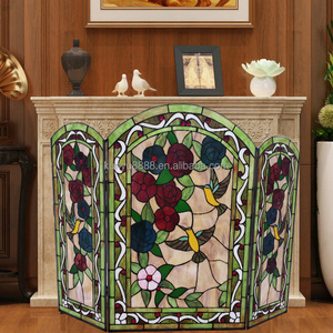 Paravent de cheminée en vitrail, 3 panneaux, motif floral, verre décoratif traditionnel, pour salon, autoportant, forme cathédrale - Product Image 3