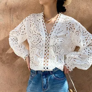 New Trendy Allover Embroidery Vintage Shirt Sheer Effect Long Sleeve Delicate Lace V Neck Elegant Blouse Resort White Blouse