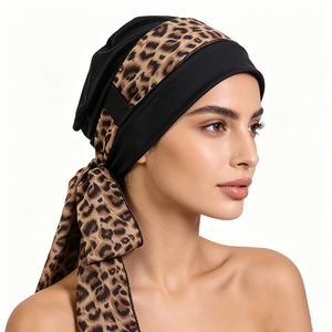 Turban pour femme tendance avec bande imprimée léopard, foulard pré-noué, turban extensible imprimé, bonnet chimio, couvre-chef - Product Image 2