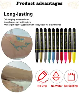 무료 샘플 캐나다 온라인 소매 도매 OEM 임시 물 빨 피부 바디 페이스 세트 비 독성 피부 문신 마커 펜