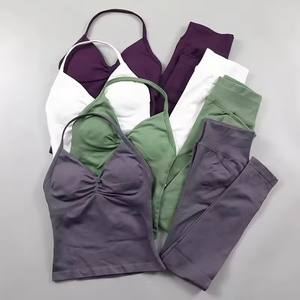 Costume de yoga beau dos licou solide hanche ascenseur ensembles de sport séchage rapide haut sans manches Scrunch bout à bout Leggings costumes de course - Product Image 1