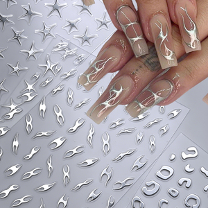 6 autocollants pour ongles dorés Y2K, <span class=keywords><strong>argent</strong></span>és métalliques, motifs abstraits, lignes ondulées irrégulières, léopard, étoile, creux, style gothique, à presser - Product Image 5