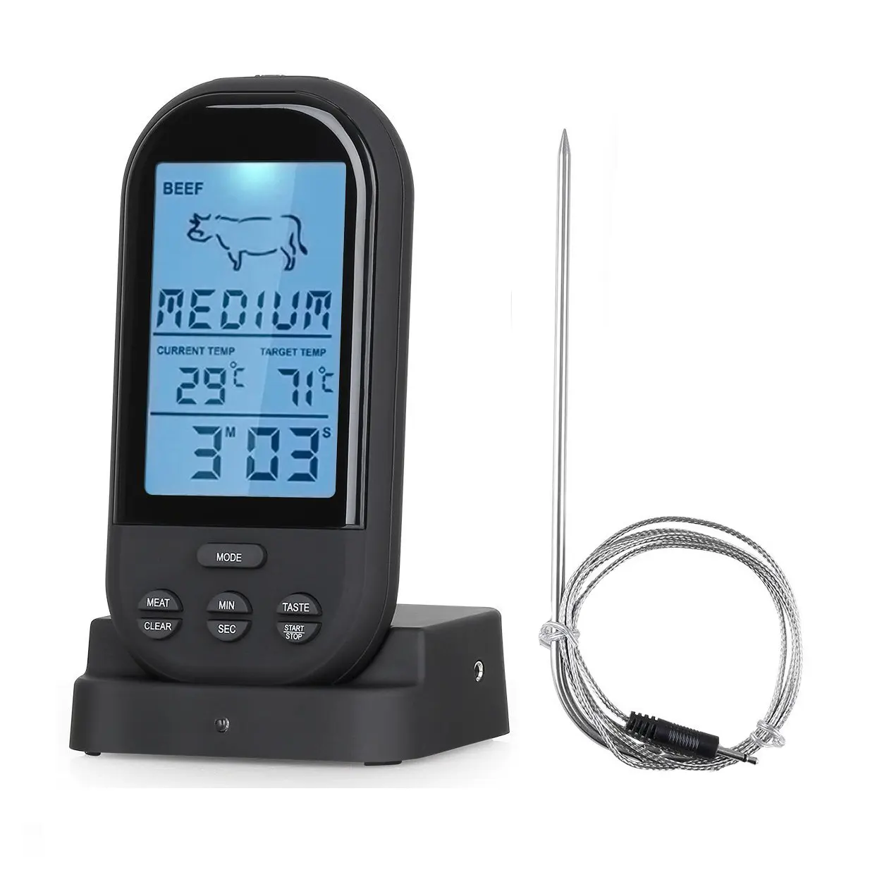 Thermomètre à viande avec grand écran tactile LCD, avec longue sonde, gril, longue sonde en acier inoxydable 304