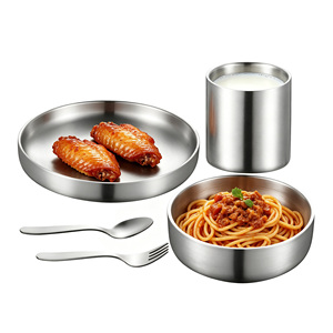 Juego de Platos, Tazones, Tazas de Café, Cucharas y Tenedores de Acero Inoxidable de Doble Pared Aislados SS304, Juego de Vajilla Irrompible para Niños - Product Image 1