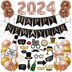 2024 Happy New Year Banner and Ceiling Hanging Swirls for Nye Decorations Rose Gold New Years Eve Party Balloon Supplies J024