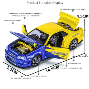 Voiture miniature Nissan <span class=keywords><strong>GTR</strong></span> <span class=keywords><strong>R34</strong></span> en alliage moulé sous pression, échelle 1:32, haute qualité, avec son et lumière, 4 portes ouvrables, batterie incluse, emballage en boîte, pour enfants - Product Image 6