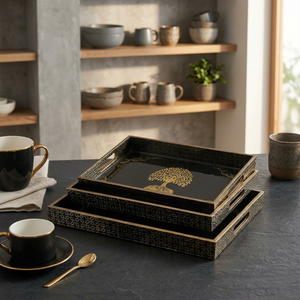 Luxury Black and Gold Decorative Serving Trays Set with Tree of Life Design Handcrafted Vanity Tray Coffee <b>Table</b> Décor Gift Tray - Product Image 6