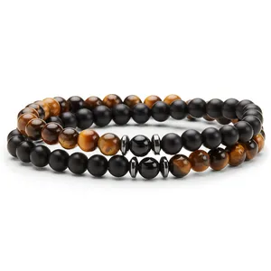 Best Selling Products Exquisite Jewelry Men Onxy Tiger Eye Bead Round Charm Macrame Bracelets