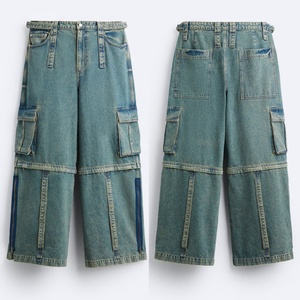 Pantalones Anchos Personalizados de Moda Urbana al por Mayor con Correas Multifuncionales, Jeans Cargo Desmontables Azules Lavados para Hombre - Product Image 2