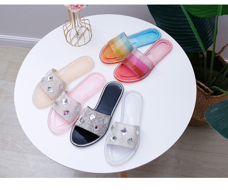 Summer Beach Slippers Ladies Crystal Rhinestone Sandals Women PVC Flat Slides Shoes