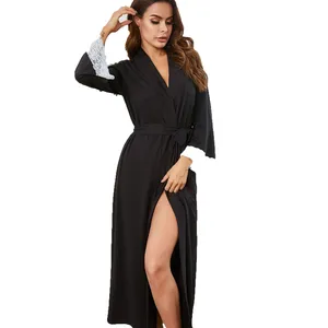 Women's Nightgown Long sleeved Long Lace Lace Nightgown Lace up Bathrobe Home Casual Nightgown