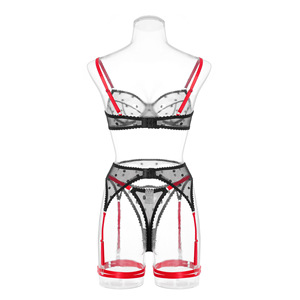 New High Quality Contrast Color Transparent Mesh Lingerie <b>Set</b> <b>Sexy</b> Polka Dot Three Piece Bra Brief <b>Set</b> - Product Image 6