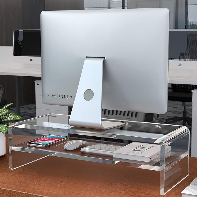 Egchi Supporto per monitor in acrilico trasparente a 2 ripiani, altezza 13,5 cm, ripiano organizer per scrivania per computer multimediali