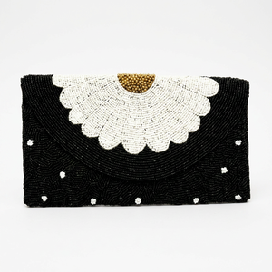 Pochette élégante perlée pour femme, motif pois noir, blanc et or, fermeture à rabat, sac de soirée et de mariage - Product Image 1