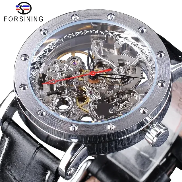 MECHANICAL WATCH Forsining Silver Wristwatches Black Red Pointer Genuine Leather Belt Watches for Men Transparent Watch