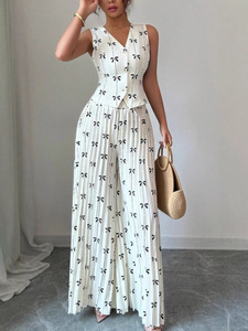 Completo coordinato due pezzi da <span class=keywords><strong>donna</strong></span> bianco e nero con stampa a fiocco: gilet senza maniche con scollo a V e bottoni e pantaloni a gamba larga a vita alta plissettati – Outfit estivo - Product Image 4