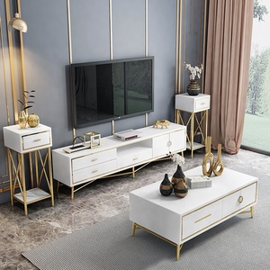 Meuble <span class=keywords><strong>TV</strong></span> plasma moderne en acier doré, 1 pièce, laque brillante, or et acier, meuble de salon - Product Image 6