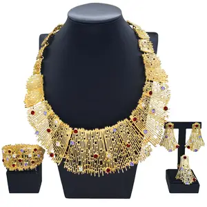 卓尔瑞奢华意大利珠宝套装人造新娘黄金珠宝套装项链耳环套装彩色水晶H00755