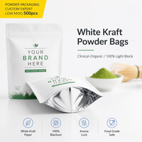 Sachet en papier kraft blanc premium pour poudre de matcha et supplément de collagène, imprimé sur mesure, sachet à haute barrière, pochette stand-up