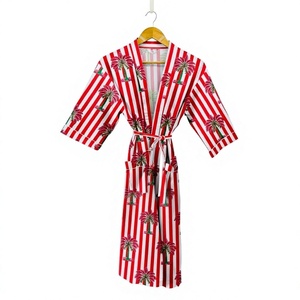 Bata de algodón con estampado de palmeras a rayas de 3 colores diferentes para mujer, ropa de dormir informal de verano de longitud completa, kimono con cuello en V y cordón - Product Image 1