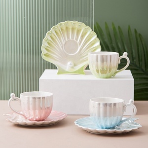 Tasse à café et soucoupe en céramique à dégradé de couleur, vente chaude, coquille de perle, pour le petit-déjeuner à la maison, tasses à thé avec plateau - Product Image 1