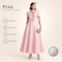 Robe de soirée trapèze rose à nœud sur le devant pour femme JINYUAN, col perlé, manches courtes, robe de cérémonie, usine de vente en gros OEM ODM