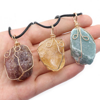 Collier Pendentif Bohème en Cristal Brut, Fluorite Jaune, Quartz, Enroulé de Fil, Bijoux Esthétiques Irréguliers, Vente en Gros