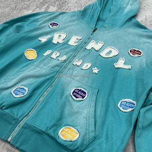 500Gsm Zipper Heavyweight Custom Y2k Applique Broderie Streetwear French Terry Acid Wash 100% Cotton Sun Faded Zip up Hoodie - Product Image 4