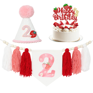 Strawberry Theme <strong>2</strong> <strong>Year</strong> <strong>Old</strong> Birthday High Chair Tassel Banner Hat Cake Topper Strawberry Birthday <strong>Party</strong> Decoration - Product Image 1