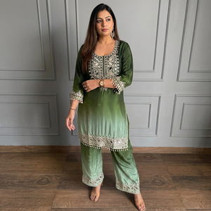 Conjunto de Kurti, Palazzo y Sarara de Seda Chiffon con Bordado de Espejos, Ropa Étnica Tradicional India para Mujer, Venta al por Mayor, Vestido para Fiestas - Product Image 4